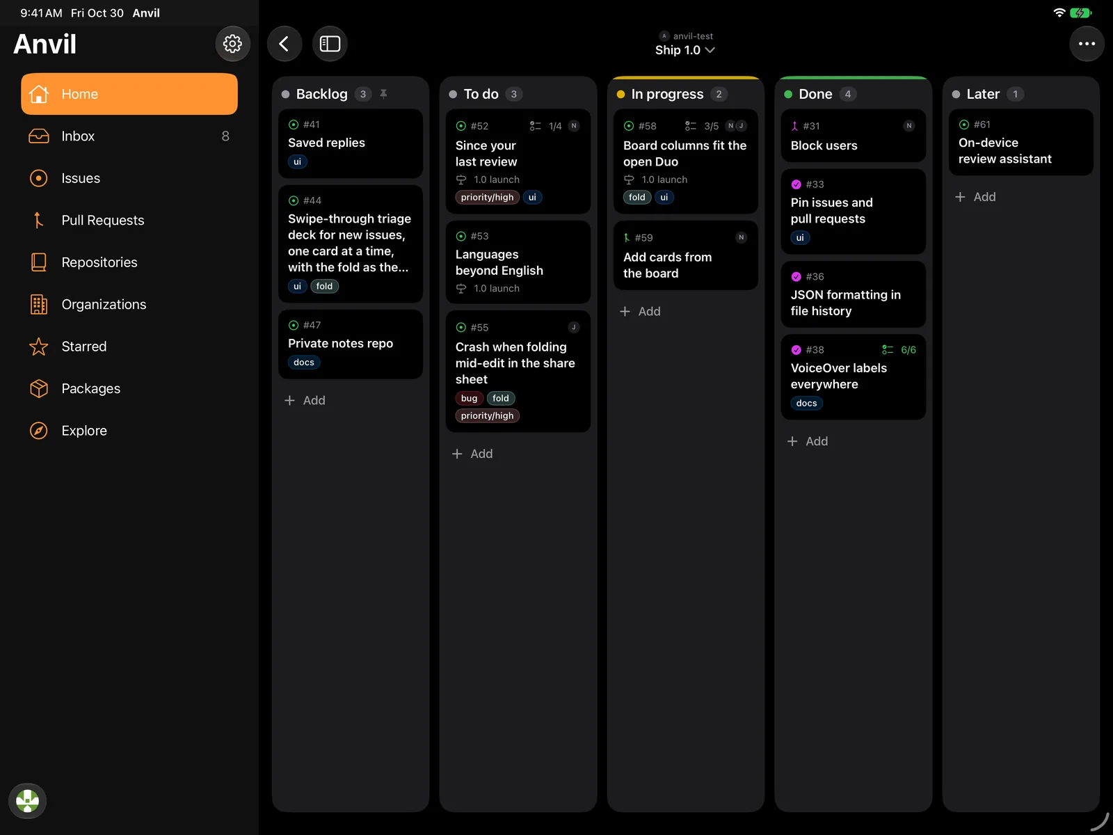 A project board on iPad with cards in five columns