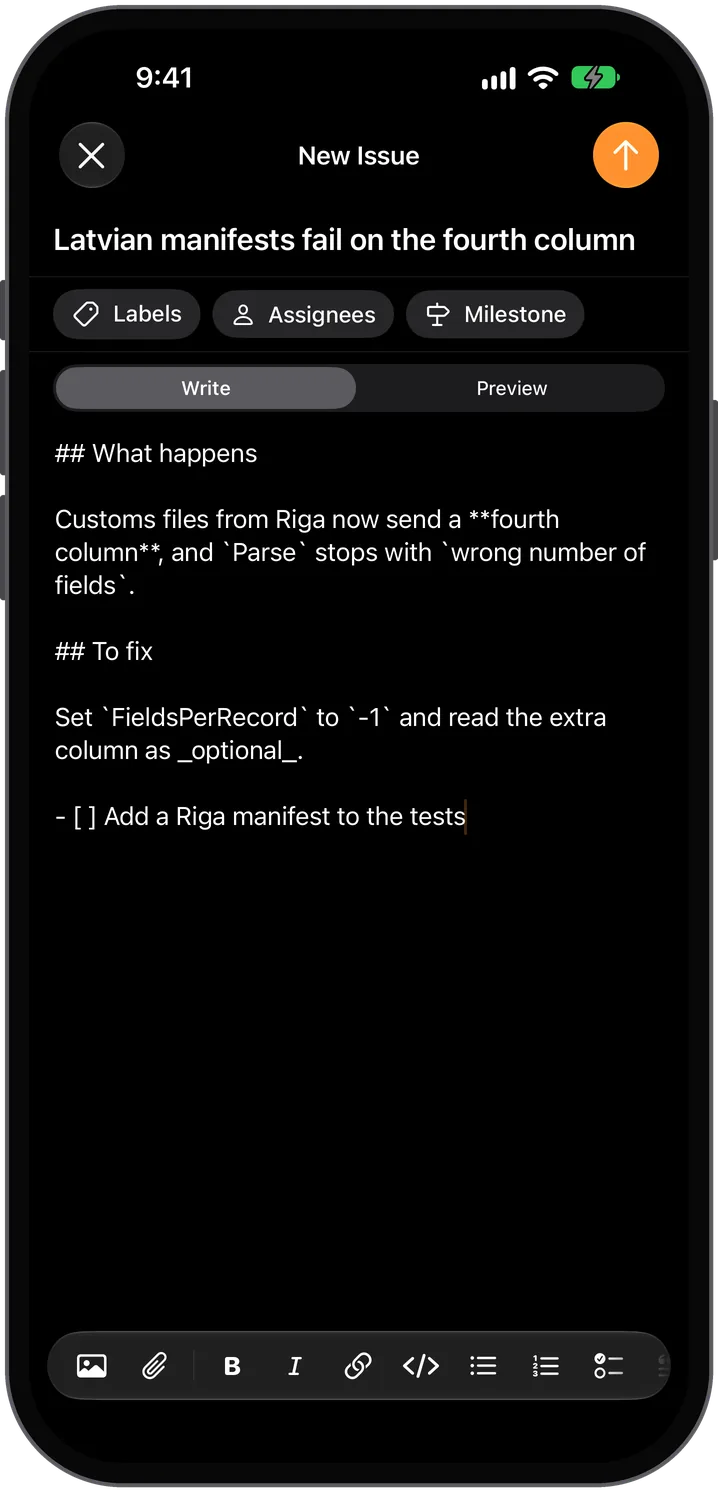 Writing an issue in Markdown on iPhone