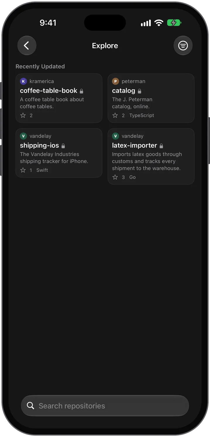Explore on iPhone, listing repositories