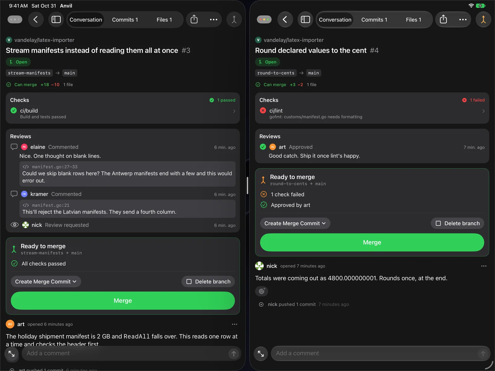 Two Anvil windows side by side on iPad, each showing a pull request