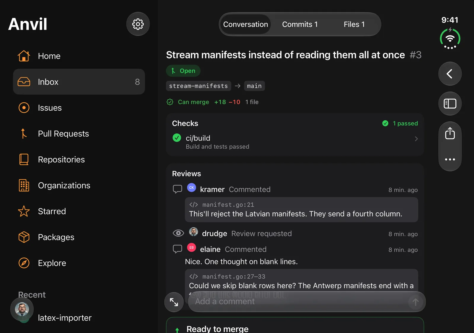 A pull request in Anvil with checks, reviews and the sidebar